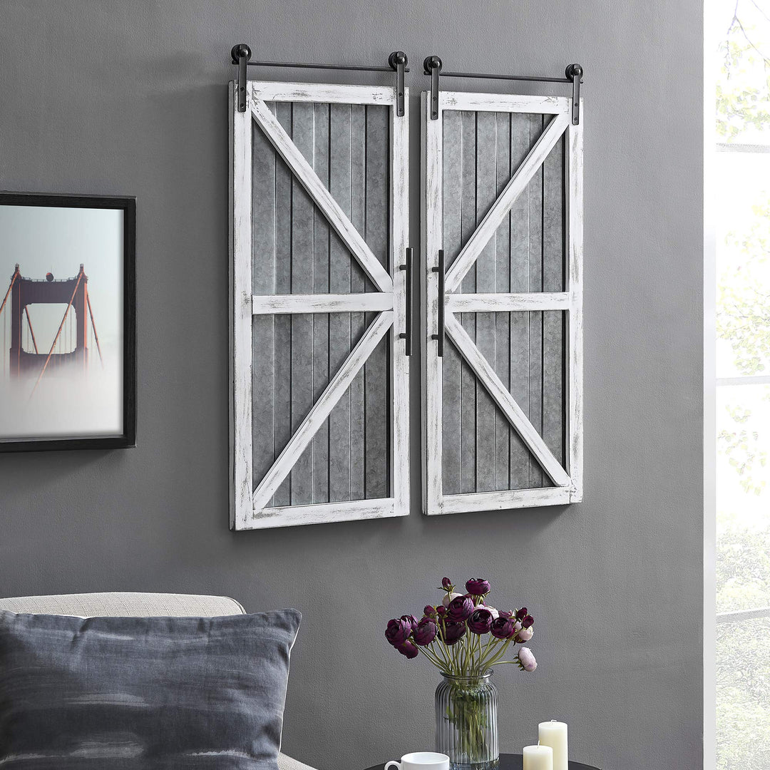 FirsTime & Co. White and Silver Carriage Barn Door Wall Plaque 2-Piece Set Large Galvanized Silver