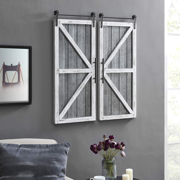 FirsTime & Co. White and Silver Carriage Barn Door Wall Plaque 2-Piece Set Large Galvanized Silver
