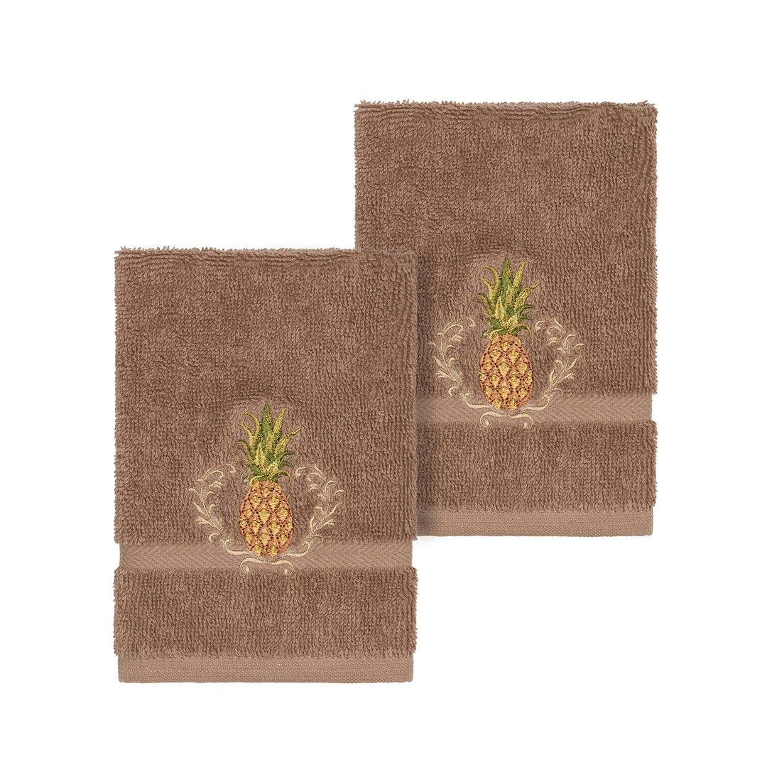 Turkish Cotton Pineapple Embroidered Latte Brown 2-Piece Washcloth Set Terry