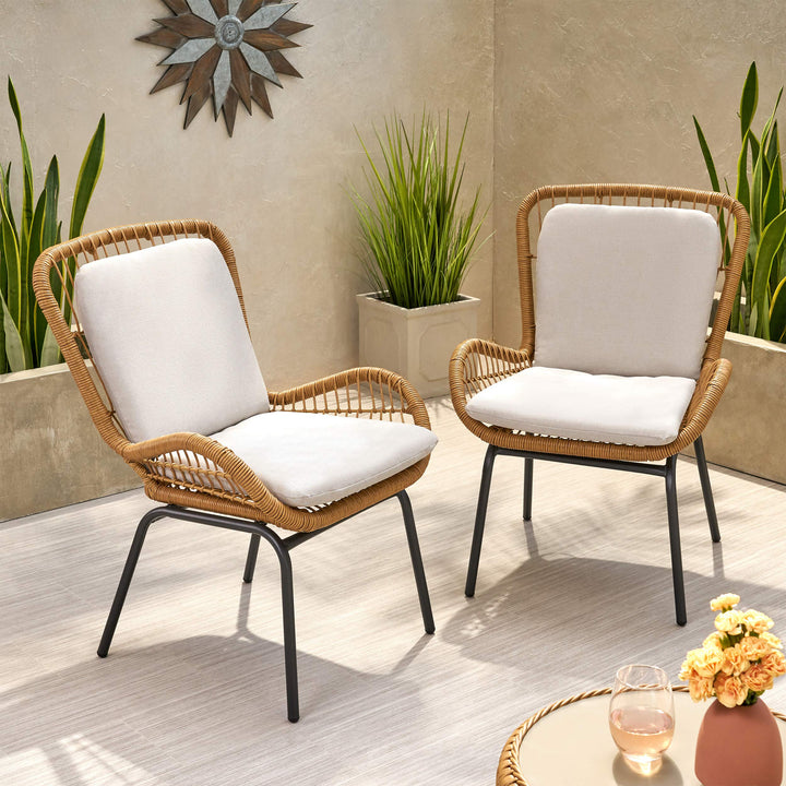 GDFStudio Outdoor Wicker Club Chair with Cushions (Set of 2) Light Brown and - Diamond Home USA