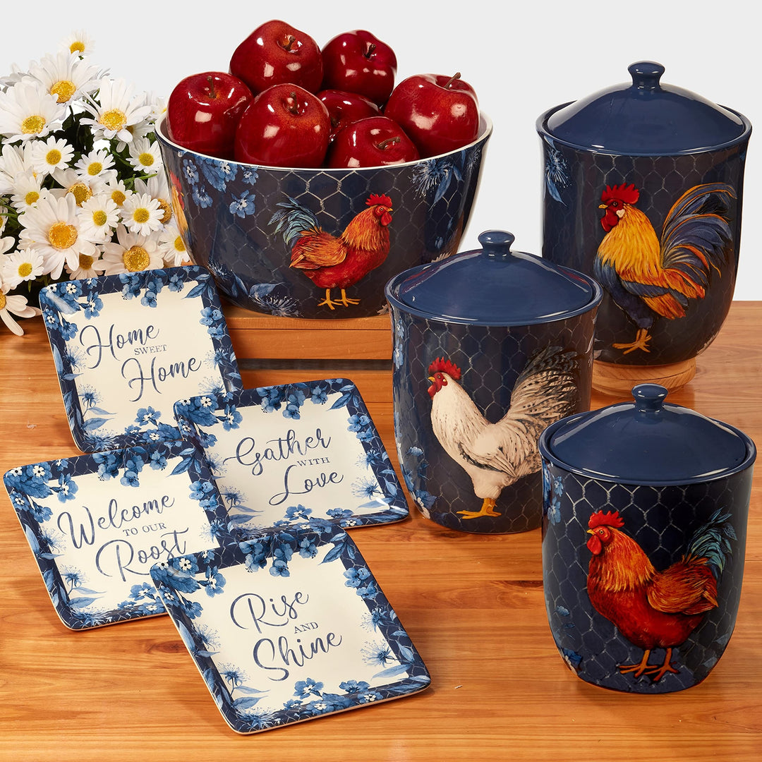Indigo Rooster 3-Piece Canister Set Blue Multi Color Red Medium - Diamond Home USA