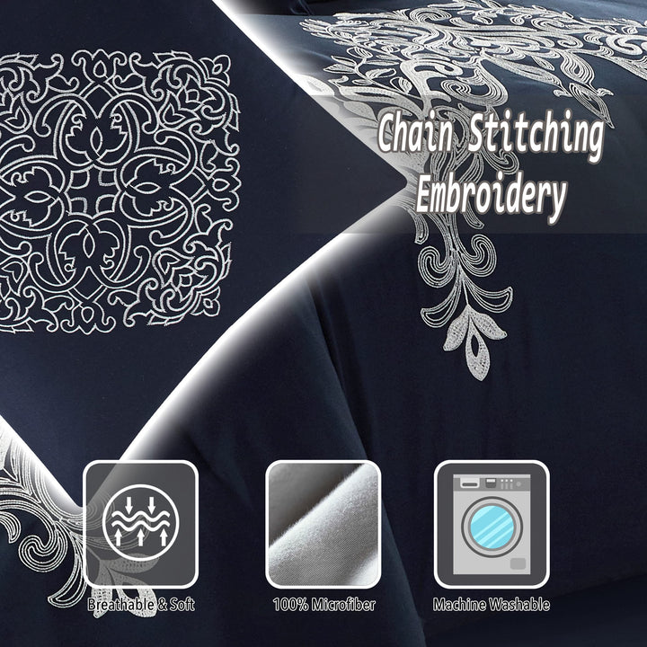 Stratford Park Damask 7 Piece Comforter Set Navy/Blue Queen Patchwork Decorative - Diamond Home USA