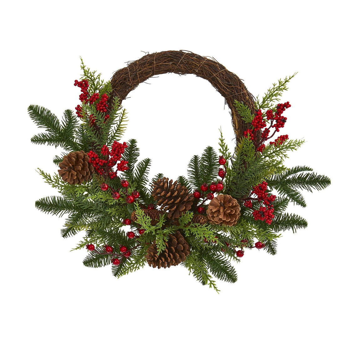 22" Mixed Pine and Cedar with Berries Cones Artificial Wreath Green Polyester