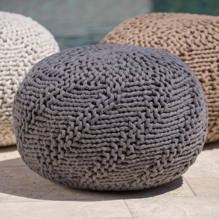 GDFStudio Outdoor Handcrafted Modern Fabric Weave Pouf Ottoman Foot Stool - Bean Dark Gray - Diamond Home USA