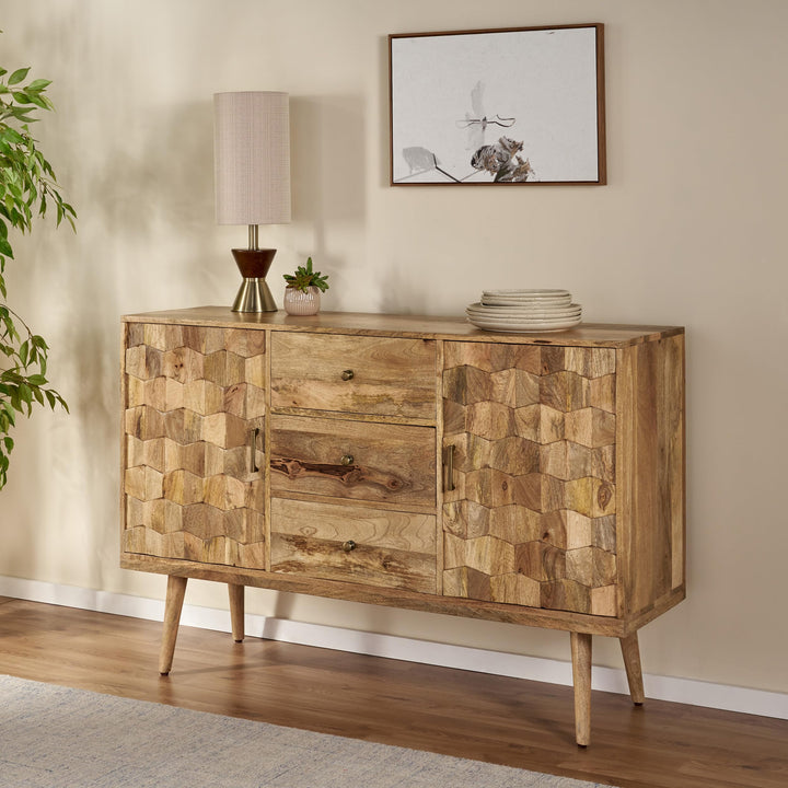 GDFStudio Mid-Century Modern Mango Wood 3 Drawer Sideboard with 2 Doors Natural - Diamond Home USA