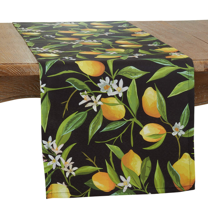 Outdoor Table Runner with Lemon Design Black Polyester - Diamond Home USA