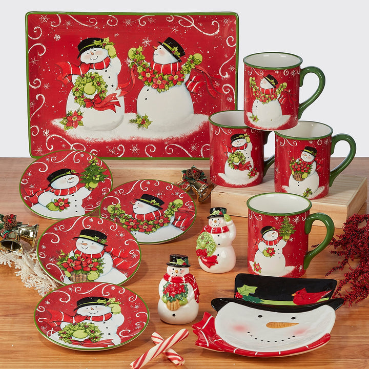 Holiday Magic Snowman 6" Canape/luncheon/snack Plates Set Of 4 Multi Color Red