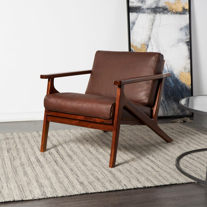 Dark Brown Leather Mid-Century Accent Chair with Teak Wood Frame Solid