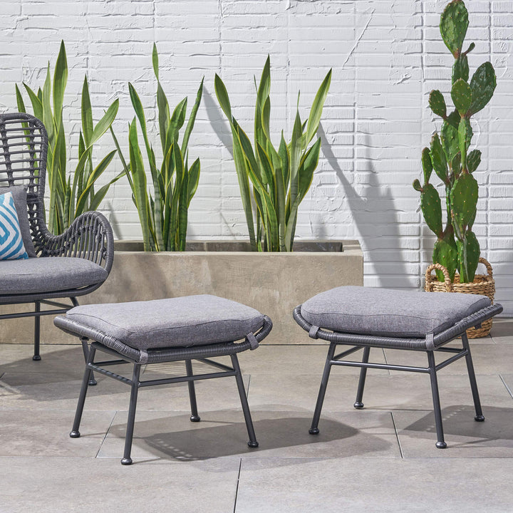 GDFStudio Outdoor Modern Boho Wicker Ottoman (Set of 2) Gray Dark Gray and Black Gray+Dark Gray+Black - Diamond Home USA