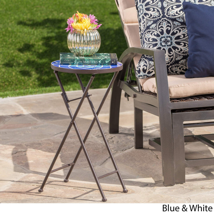 Christopher Knight Home Azure Outdoor Glass Side Table with Iron Frame Blue / - Diamond Home USA