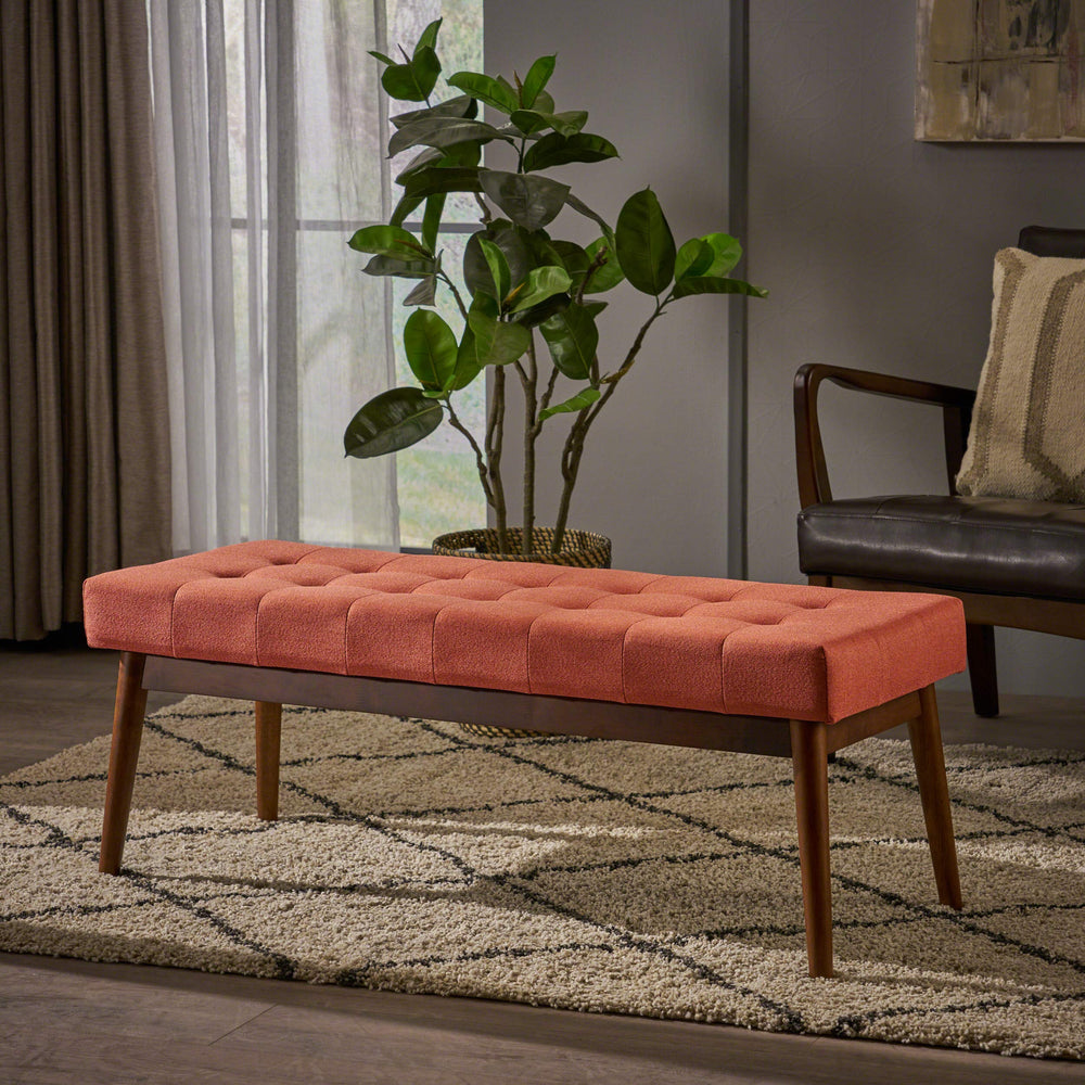 Christopher Knight Home Flavel Mid-Century Tufted Fabric Ottoman Coral / Walnut - Diamond Home USA