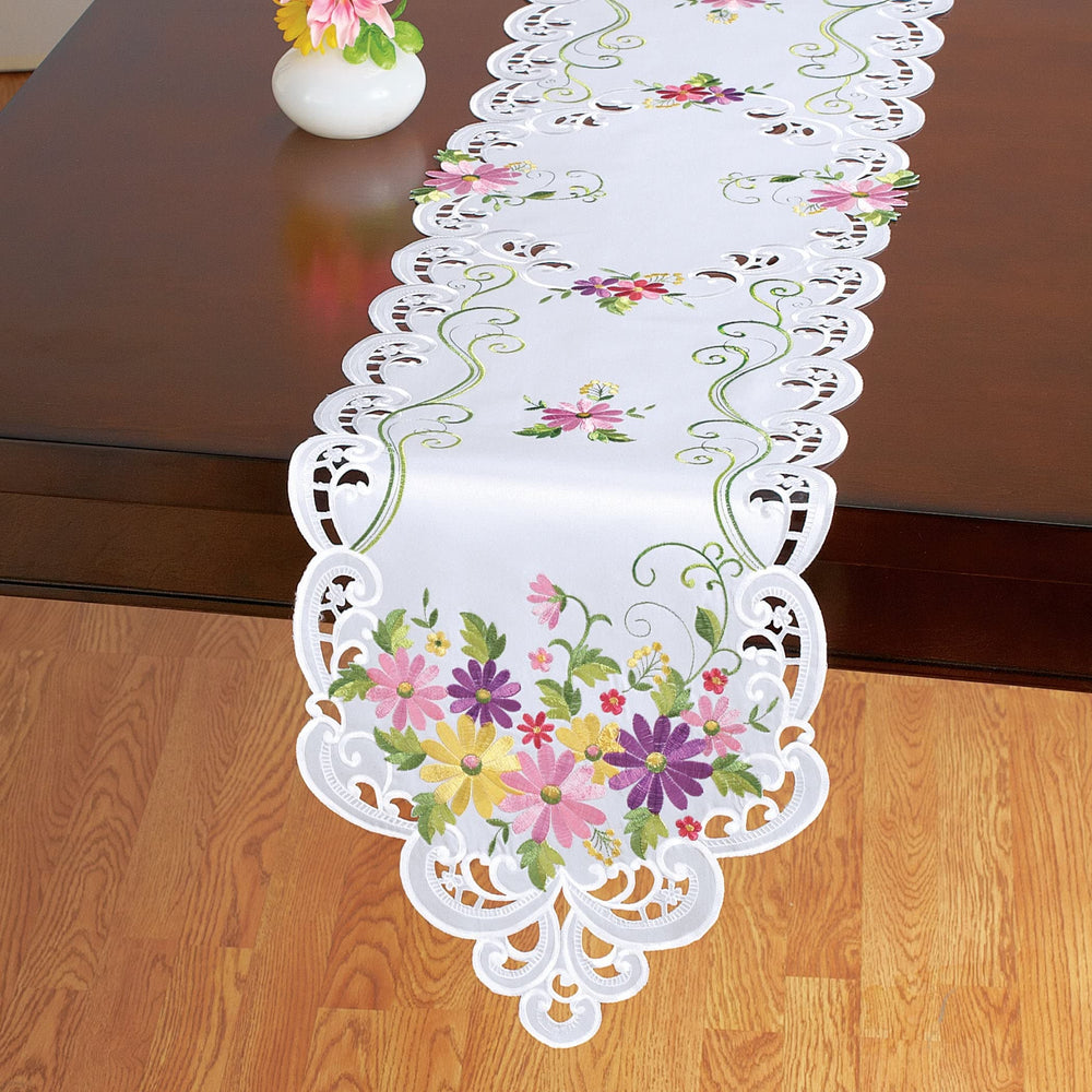 Spring Wildflower Daisy Table Linens 68 X 13 White Floral Runner Polyester - Diamond Home USA