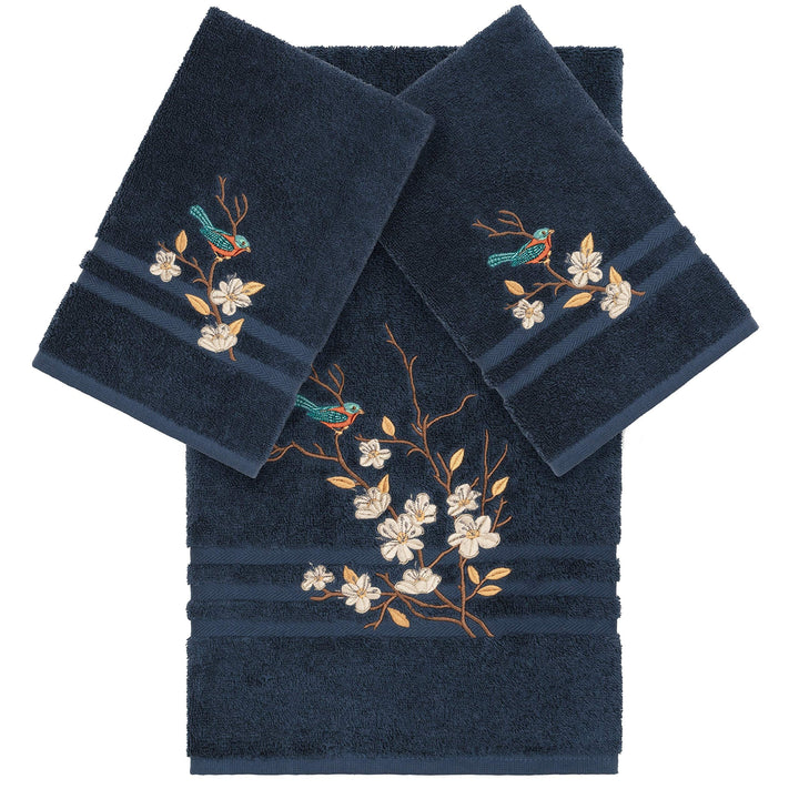 Turkish Cotton Blue Bird Embroidered Midnight 3-Piece Towel Set Cloth