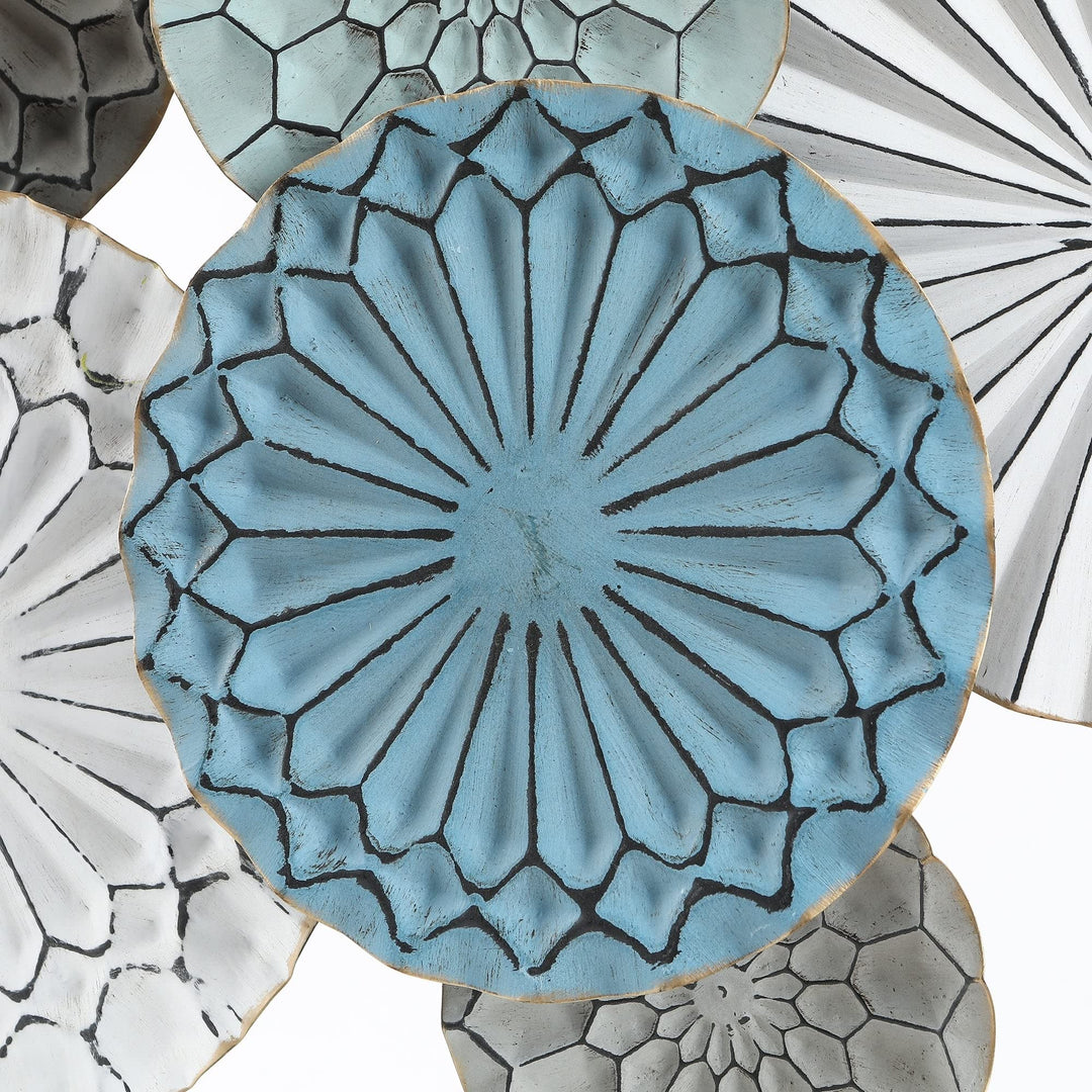 Metal Floral Pattern Round Discs Abstract Wall Art Blue Grey White Modern - Diamond Home USA