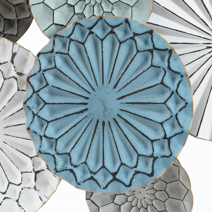 Metal Floral Pattern Round Discs Abstract Wall Art Blue Grey White Modern - Diamond Home USA