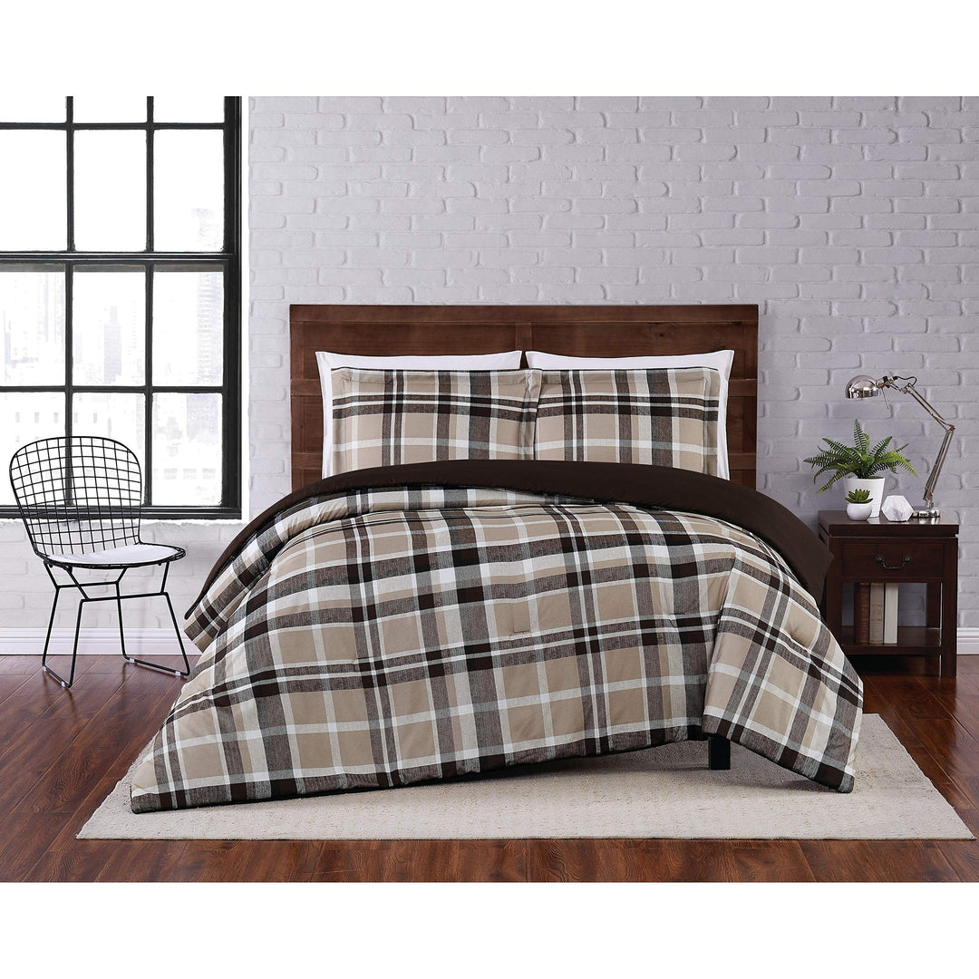 3 Piece Brown Khaki Tan Plaid Comforter Full/Queen Set Plaids Bedding Country Queen/Full/Queen - 3 Piece