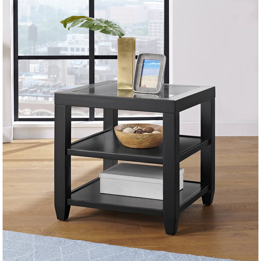 Black Glass Top 24" Tall End Table with Shelf Modern Contemporary Square Wood