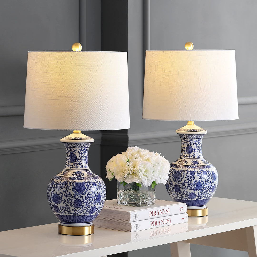 25.25" Ceramic/Metal Led Table Lamp Blue/White (Set of 2) Blue White Glam