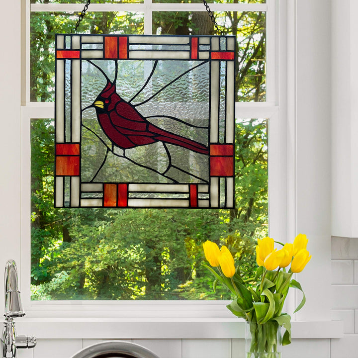 11" h The Cardinal Stained Glass Window Panel 11" X 0.25" Red Traditional Square
