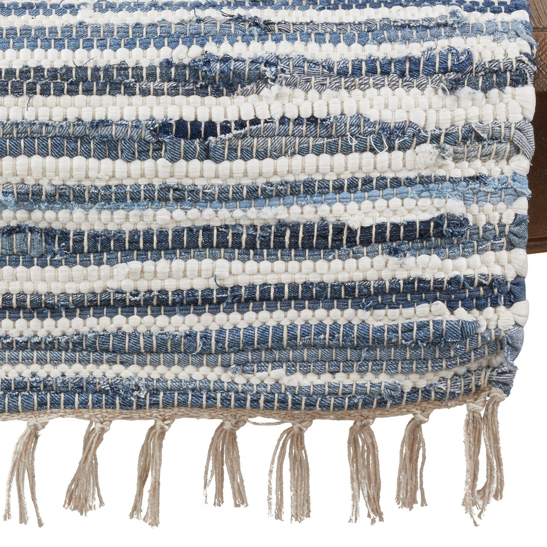 Rag Table Runner with Tassels Denim Blue White Striped Cotton Rags Fringed - Diamond Home USA