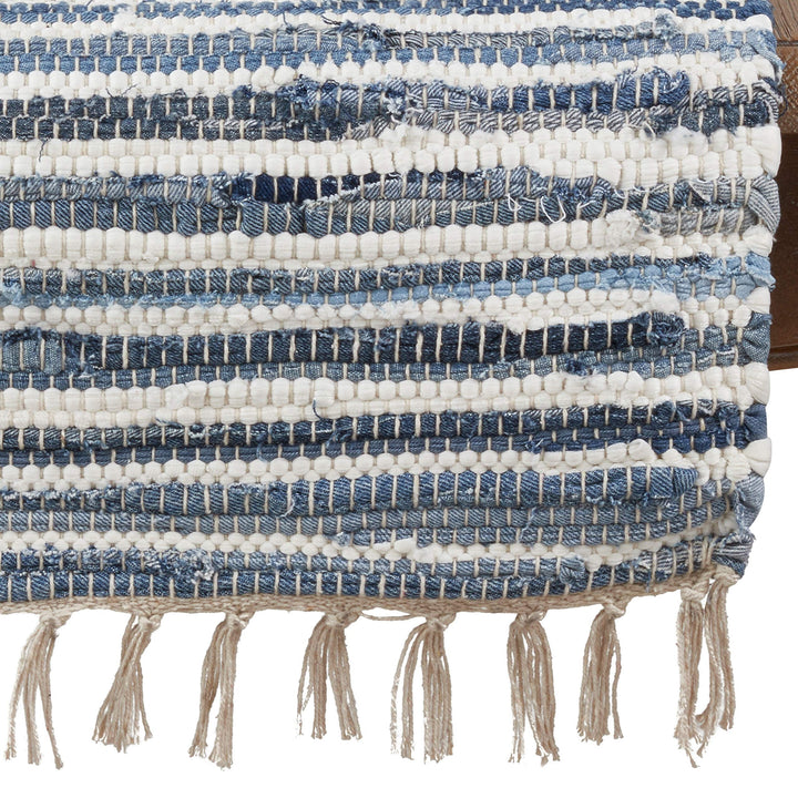 Rag Table Runner with Tassels Denim Blue White Striped Cotton Rags Fringed - Diamond Home USA