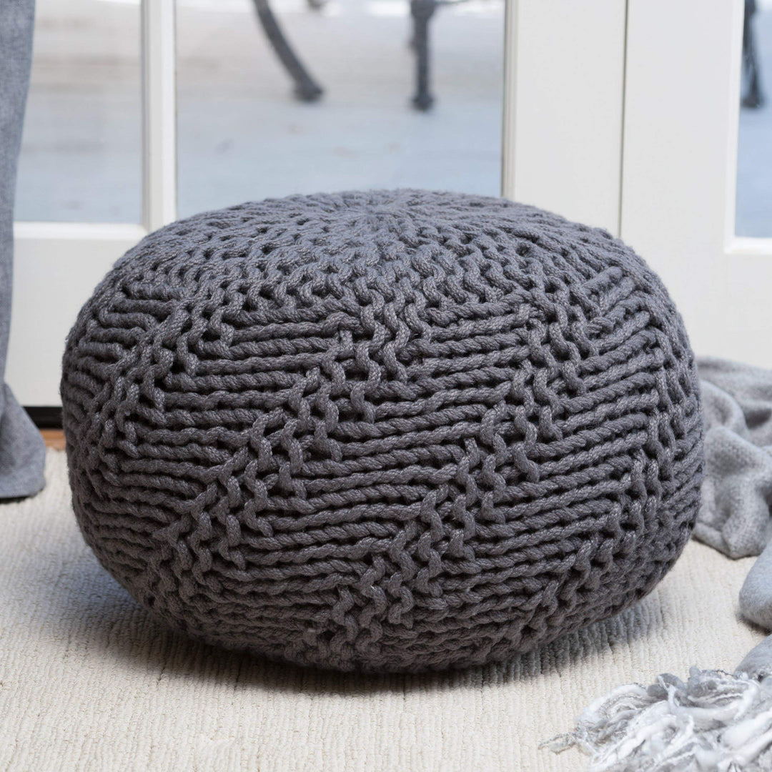Rope Ottoman Dark Grey Weaved Fabric Knit Rows Round Pouf Textured Footstool