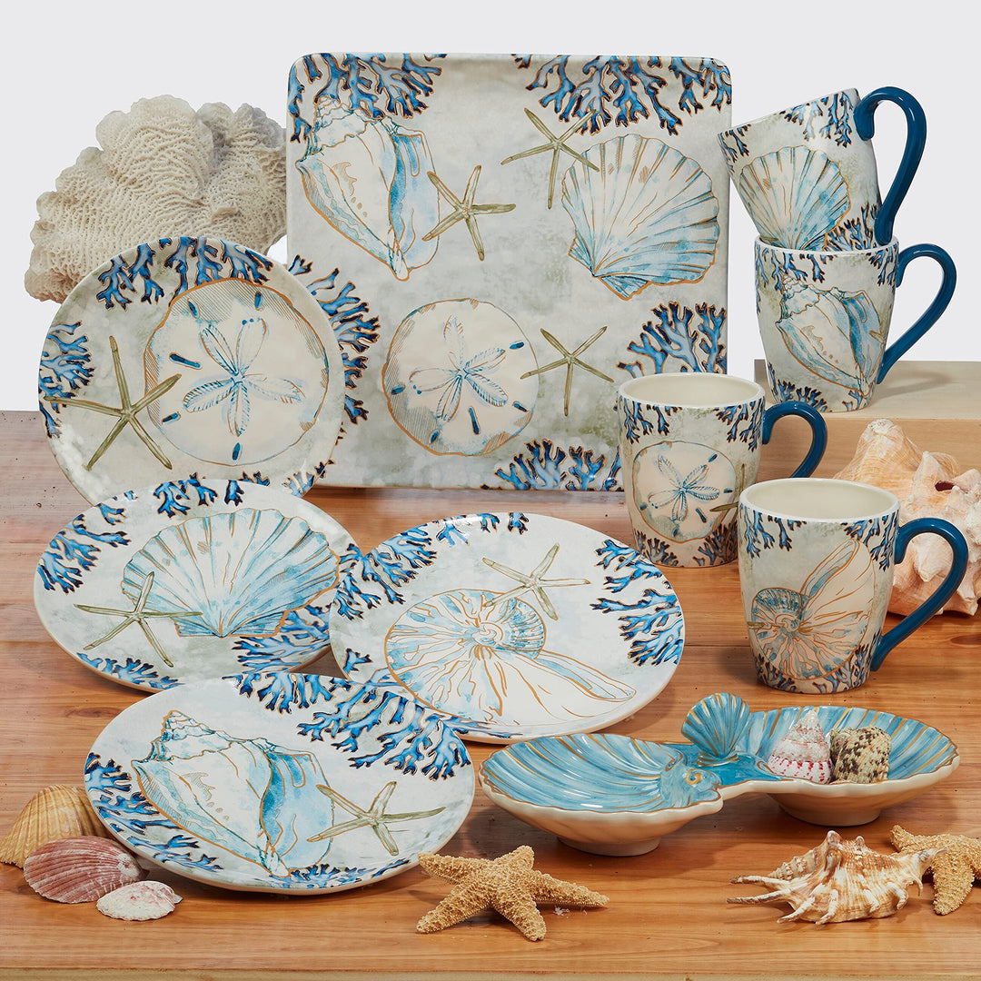 Shells 26 Oz. Ice Cream/Dessert Bowls Set of 4 Blue Gold White Coastal Casual - Diamond Home USA
