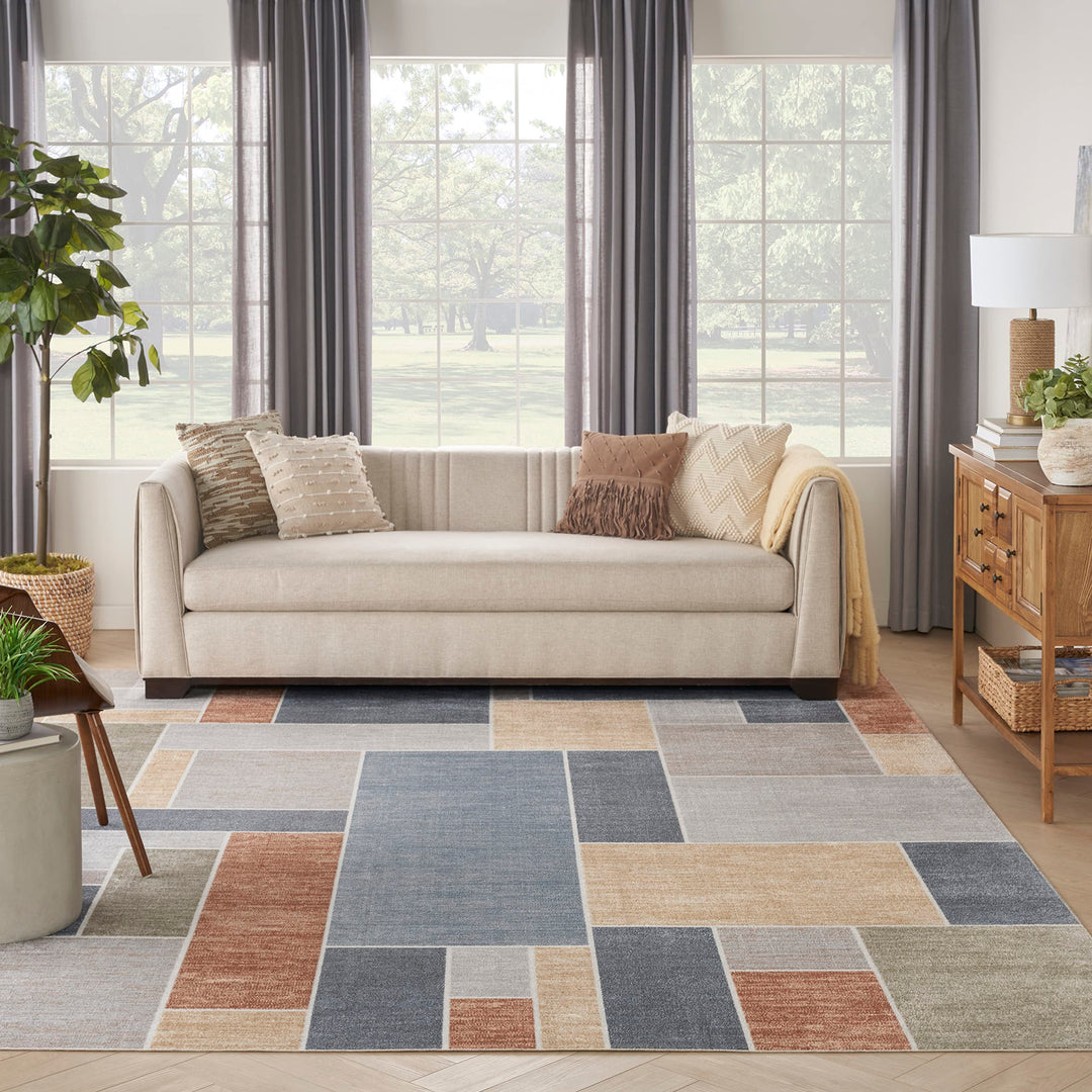 Nourison Astra Machine Washable Geometric Multicolor 9' x 12' Area Rug Easy - Diamond Home USA