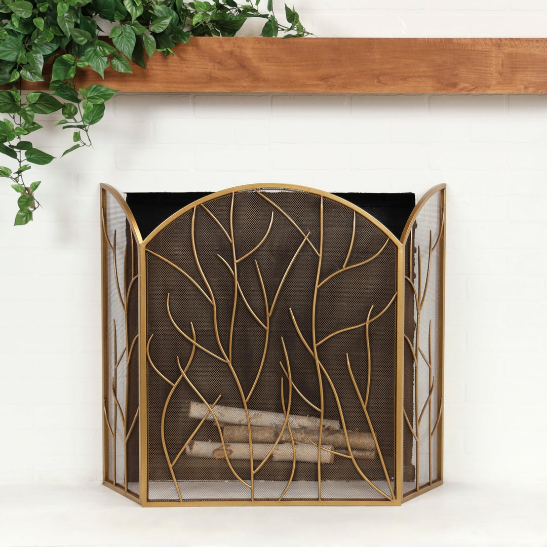 Gold Metal Arched 3 Panel Tree Fireplace Screen with Branch Inspired Design Iron