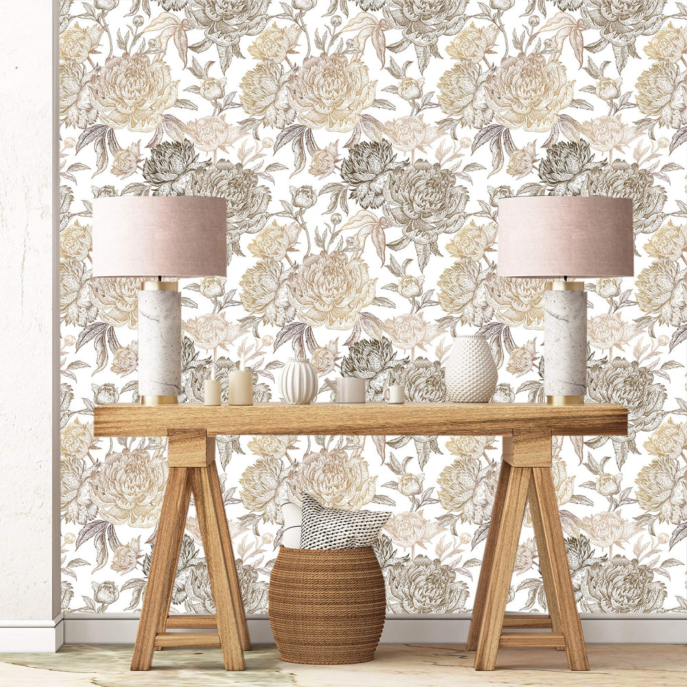 Golden Blossom Peonies Removable Wallpaper - 24'' Inch X 10'ft White Floral - Diamond Home USA