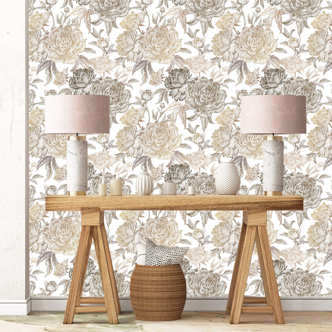 Golden Blossom Peonies Removable Wallpaper - 24'' Inch X 10'ft White Floral - Diamond Home USA