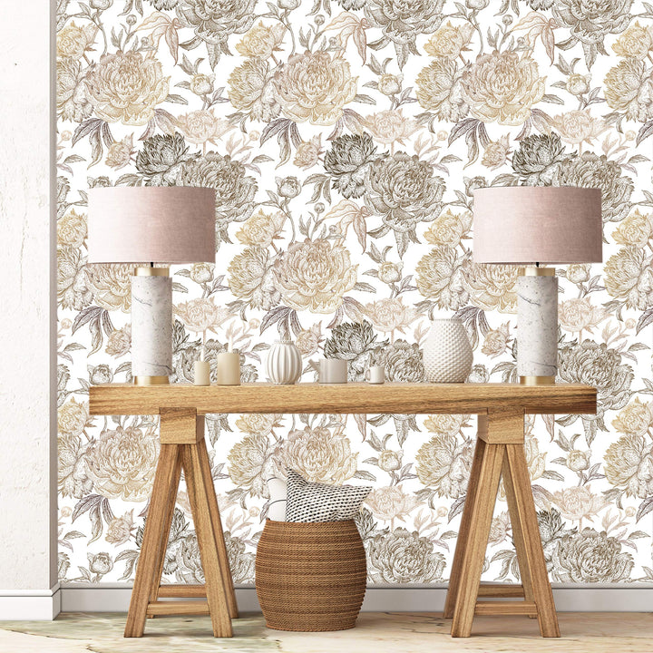 Golden Blossom Peonies Removable Wallpaper - 24'' Inch X 10'ft White Floral - Diamond Home USA