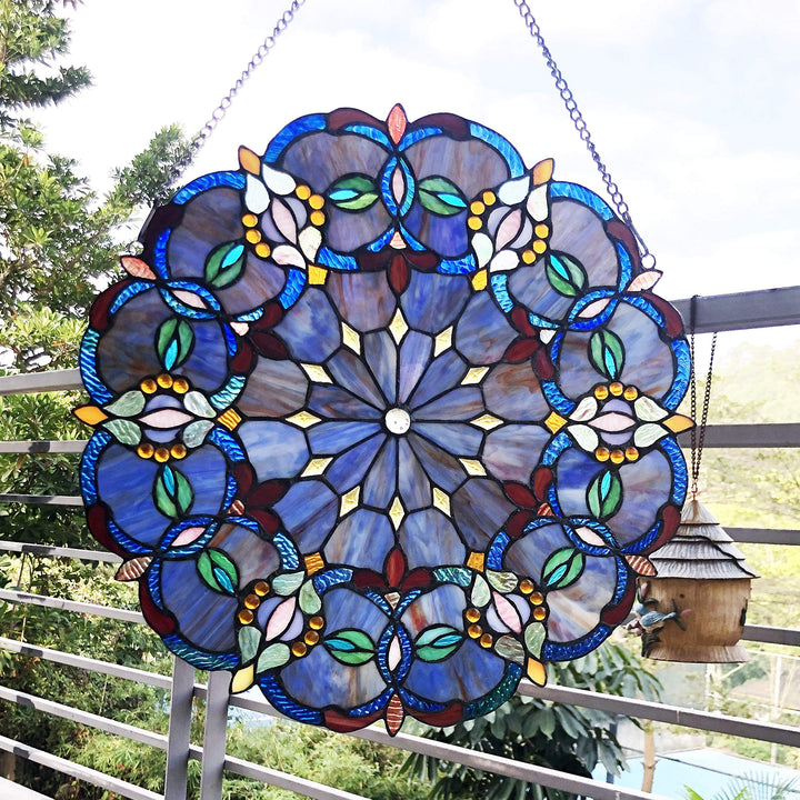 Circular Blue Glass Window Panel/suncatcher with Multicolored Accents Multi