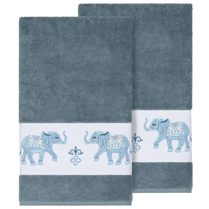Turkish Cotton Elephants Embroidered Teal Blue 2-Piece Bath Towel Set Terry