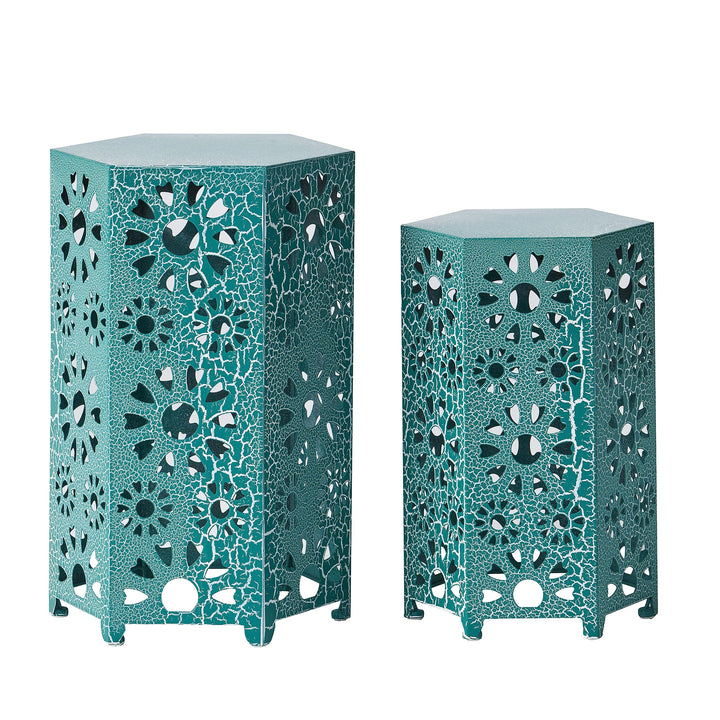 GDFStudio Nestable Outdoor 12 Inch and 14 Inch Sunburst Iron Side Table Set Teal