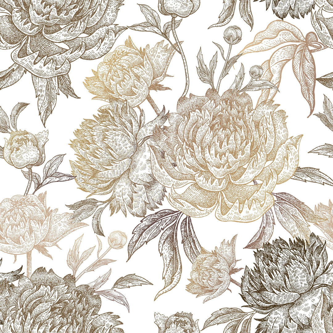 Golden Blossom Peonies Removable Wallpaper - 24'' Inch X 10'ft White Floral