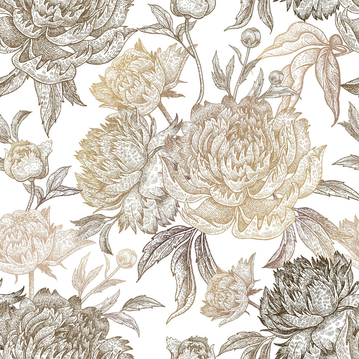 Golden Blossom Peonies Removable Wallpaper - 24'' Inch X 10'ft White Floral