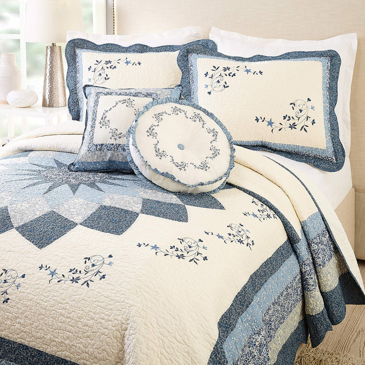 MODERN HEIRLOOM Blue Floral Embroidered Quilted Bedspread - Lightweight Full - Diamond Home USA