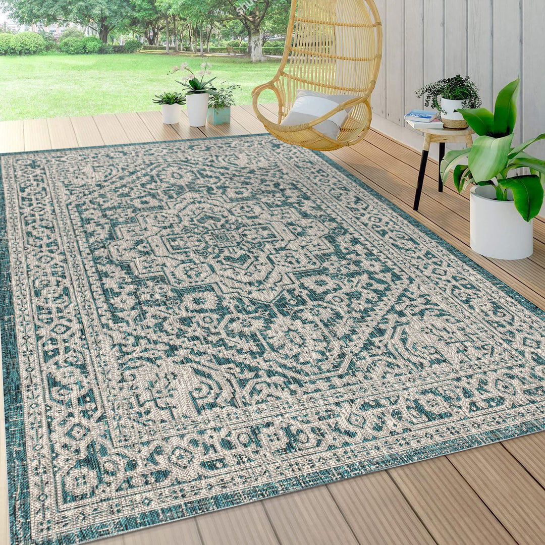 JONATHAN Y SMB101C-9 Sinjuri Medallion Textured Weave Indoor Outdoor Area Rug 9 X 12 - Teal Blue/Gray