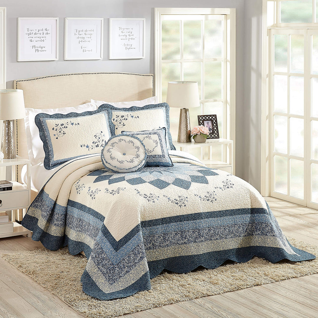 MODERN HEIRLOOM Blue Floral Embroidered Quilted Bedspread - Lightweight Full - Diamond Home USA