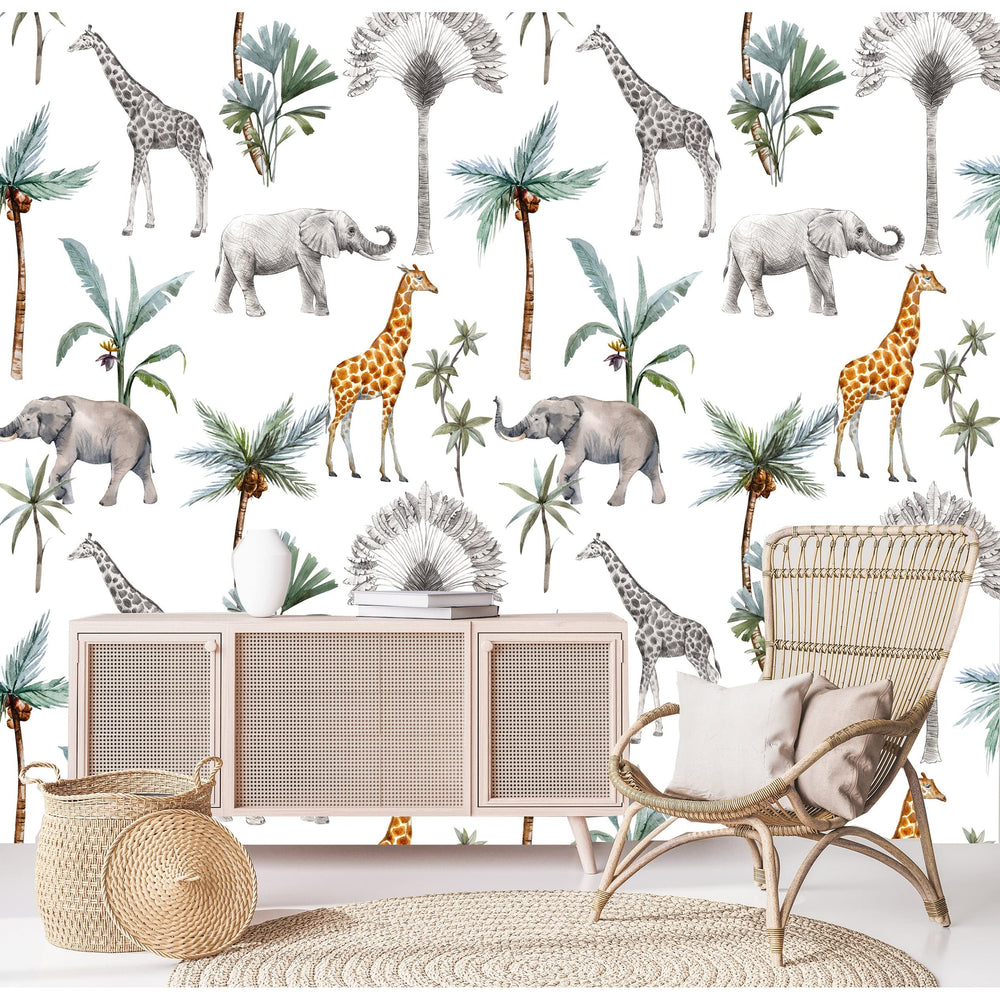 Safari Animals and Palms Removable Wallpaper 24'' Inch X 10'ft Black Grey - Diamond Home USA