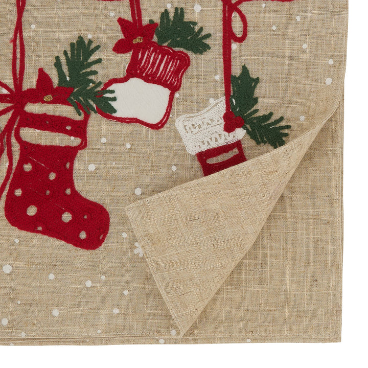 Christmas Table Runner with Stockings Design 16"x70" Tan Linen Polyester - Diamond Home USA