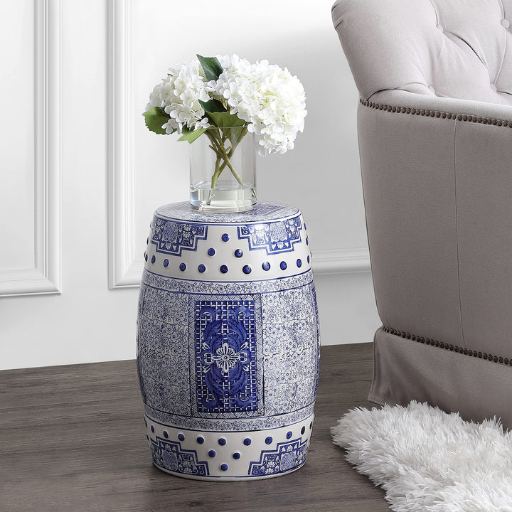 17.8" Chinoiserie Ceramic Drum Garden Stool Blue/White Blue White Bohemian