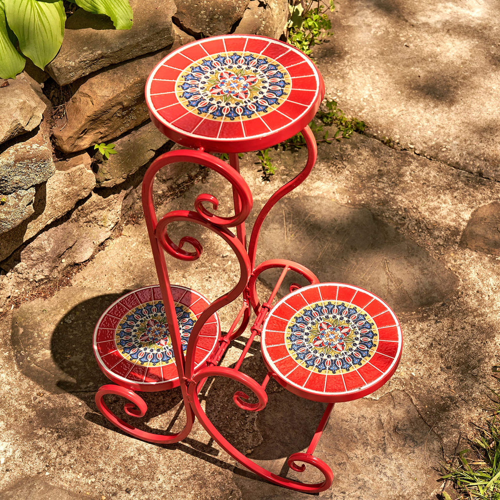 Set of 2 Paris Ii Mosaic Plant Stands Large Red Round Iron - Diamond Home USA
