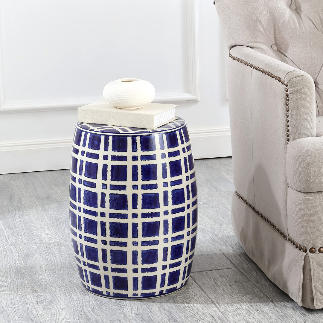 Ceramic Garden Stool Blue White Modern Contemporary Glossy