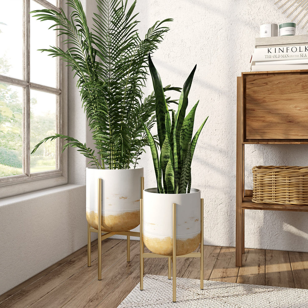 Modern Planters (Set of 2) Gold White Mid-Century Round Metal - Diamond Home USA