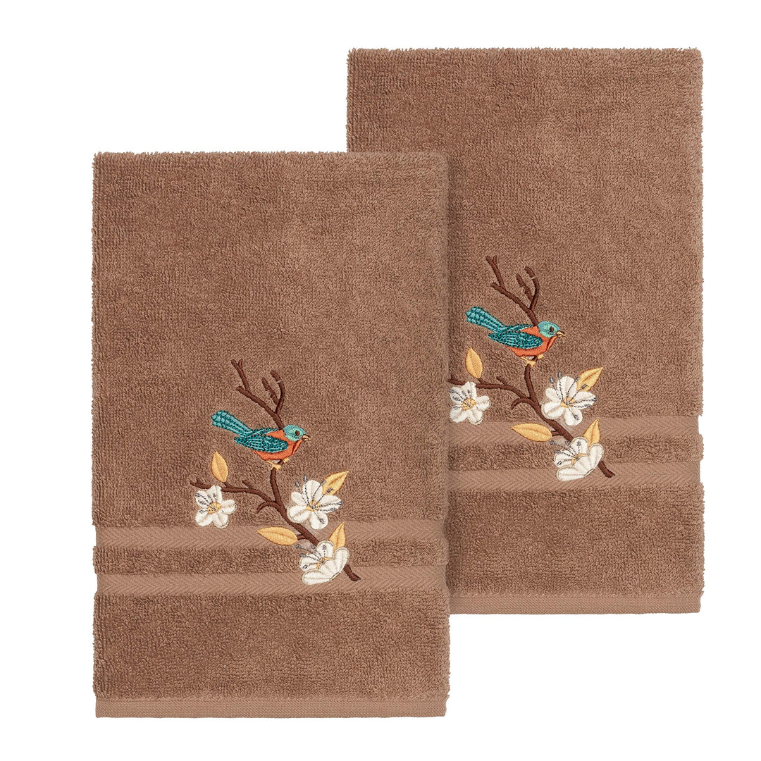 Turkish Cotton Blue Bird Embroidered Latte Brown 2-Piece Towel Hand Set Terry