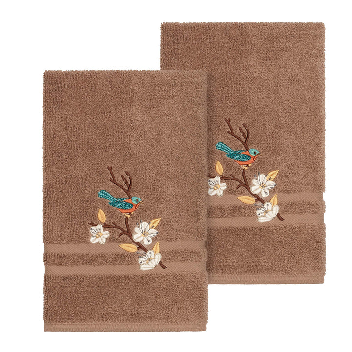 Turkish Cotton Blue Bird Embroidered Latte Brown 2-Piece Towel Hand Set Terry