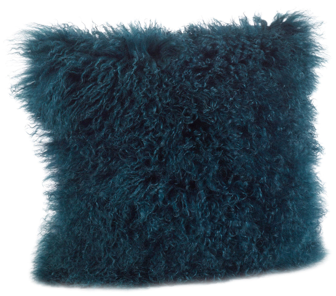 SARO LIFESYLE 100% Wool Mongolian Lamb Fur hrow Pillow with Poly Filling 20" 20 X 20 - Teal