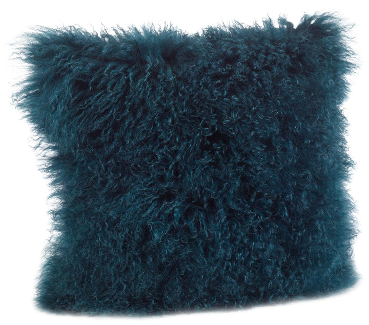 SARO LIFESYLE 100% Wool Mongolian Lamb Fur hrow Pillow with Poly Filling 20" 20 X 20 - Teal